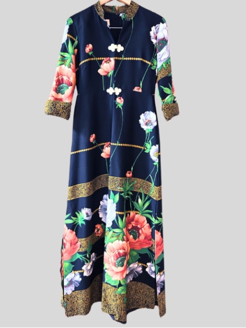 70s Alice of California Floral Maxi Dress with Gold Trim